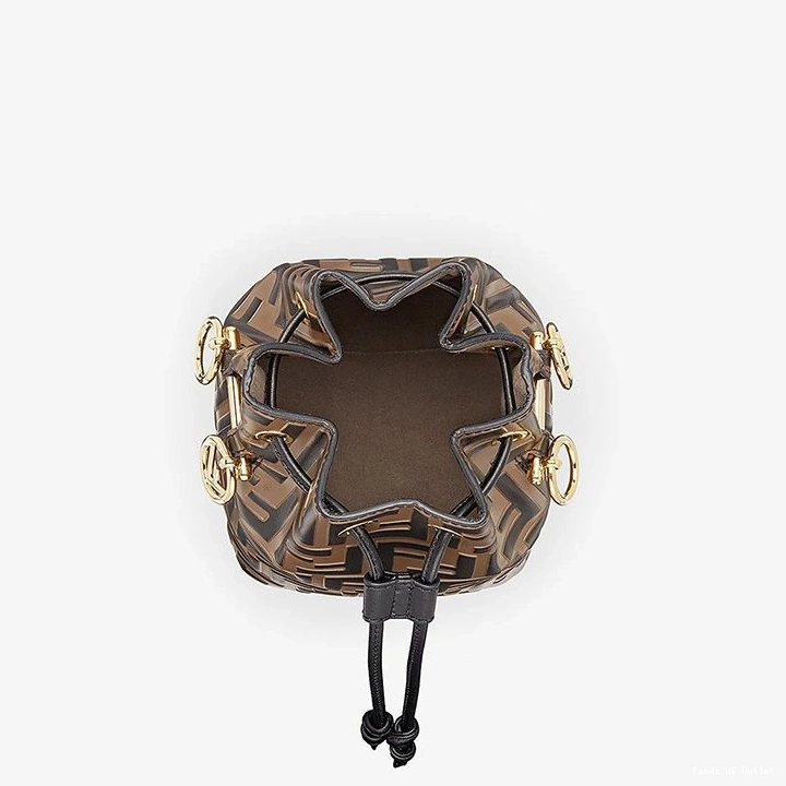 Affordable HOT Mon Mini In Leather Tresor FF Fendi Brown Calf Bag Motif Bucket 0801